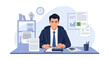 © anto - Vector illustration of a businessman in a suit sitting at his office desk using a calculator to analyze financial documents, graphs, and paper reports for retirement planning.