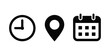 © MD LIAKAT ALI - Time, address, and date icon vector with modern flat design, including clock, location pin, and calendar interface symbols.