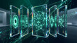 © DaiMao_ - Futuristic biometric authentication concept with glowing green face recognition and geometric icons on refractive glass slabs.