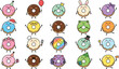 © Kuddus - Cute cartoon donut character vector set featuring colorful sweet dessert emoticons, funny bakery food mascots for stickers, icons, and birthday party surface pattern designs.