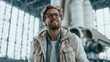 © AS_SleepingPanda - A happy man with glasses and a beard stands in a large hangar while looking up with a smiling expression