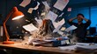 © Dzikri Design - Desk exploding with a volcano of papers and documents in an office