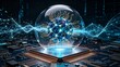 © Sidiq Hariadi Diang - Holographic glowing globe podium background with digital book and light rays for international global network connection and tech business concept