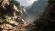 © 祥吾 深谷 - 渓谷の滝と朝霧に包まれた静かな山岳風景Hidden mountain waterfall in a rocky canyon with soft morning mist