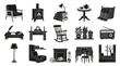 © 21graphic - Black and White Cozy Home Decor Elements Glyphs. Vintage Style Interior Furniture and Household Objects Icon Set.