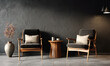 © 12 - Two armchairs with throw pillows and a wooden table between them sit against a textured, dark wall; a vase with flowers