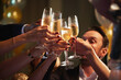 © peopleimages.com - Cheers, luxury or hands at party with champagne, good time or friendship bonding at reunion event. Happy, glamour or people with drinks toast, get together or celebration moment at gala gathering.