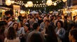 © ihsan - Diverse crowd of people enjoying an evening street food festival with fairy lights.