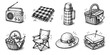 © stas111 - Picnic recreation sketch icon collection in black. Set of outdoor leisure and food icons in doodle style