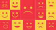 © Kutub - Grid of square smiley face icons in red and yellow colors displays various emotions from happy and sad to dead and surprised states.