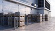 © HRHabib - Industrial warehouse building exterior with stacked wooden pallets loaded with boxes wrapped in plastic film waiting for shipment in bright daylight at modern shipping distribution hub.