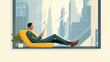 © lamia - A businessman sitting in a modern yellow chair looking at his smartphone by a large window with a view of a tall city skyline in a flat vector illustration style