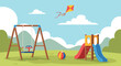 © Iffa - Colorful playground with swing set, slide, and a kite flying in the sky.