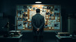 © KULSUM - Detective standing in front of a crime investigation board with clues photos and maps in a dark office