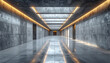 © Arumi - Futuristic concrete corridor with glowing orange led lights and reflective floor, modern architectural interior