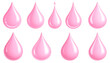 © Ilhamsatu - Set of pink water drops in various sizes and states, some falling, isolated on white, fluid shapes
