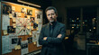 © KULSUM - Man standing in front of creative office brainstorming wall with sticky notes and photos Detective Mystery Document, Dark Cinematic