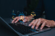 © Supatman - AI governance and digital law compliance concept. Lawyer hands typing on laptop to audit artificial intelligence algorithmic ethics rules policy guidelines and risk warning icons. regulatory control