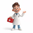 © Lucky Render - 3D design of cartoon cheerful male doctor with first aid bag isolated on white background