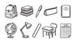 © Shafiq - School Supply Icons: A collection of hand-drawn icons representing essential school supplies, including a backpack, books, pen, pencil case, notebook, globe, desk lamp, ruler, desk, chair.