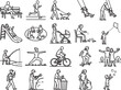 © Precision CAD System - A collection of simple line drawings depicts various everyday activities and leisure pursuits, showcasing a diverse range of human engagement and hobbies.