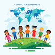 © fiqri - Global Togetherness Concept with Diverse Children Holding Hands Around the World Map Illustration