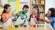 © P.F.C.N - Diverse group of elementary school children excitedly performing a colorful science experiment in a classroom laboratory setting
