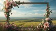© NeuralNiche - Landscape frame blank mockup adorned with flowers and copy space for text