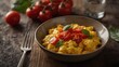 © VirtualVista - Morning bowl of fluffy scrambled eggs topped with fresh tomatoes and basil on a rustic wood table