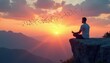 © miss irine - Man sits on rock cliff in meditation pose. Sunset sky, birds fly. Mountain landscape provides peaceful calm. Person finds inner peace, mindfulness, and tranquility.