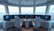 © miss irine - Ship bridge has multiple screens showing navigation data. Two captain chairs face large windows with ocean view. Control panel with joystick and keyboard.