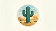 © shanawar - Vintage saguaro cactus badge illustration, desert sunset landscape in circular frame, retro southwest wilderness emblem with sand dunes and sun