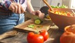 © Snap Logic - Close-up of hands chopping fresh cucumber on wooden cutting board, preparing a healthy salad