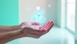© miss irine - Hands hold glowing digital cubes with security icons. Futuristic data, blockchain, cyberspace, innovation, AI, virtual reality, metaverse, network technology.