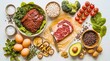 © utaem2022 - Fresh organic meat, vegetables, nuts, and grains arranged on rustic wooden surface
