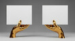 © amel - Two Golden Hands Holding Blank White Cards for Text.