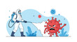 © Sohid - Medical professional wearing a protective hazmat suit spraying disinfectant to fight against a large angry red coronavirus character.
