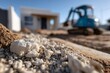 © maria_lh - Construction site groundwork with a close-up on gravel and soil. New residential home building project with an excavator in the background