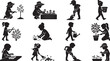 © RobiulIslam - Set of children gardening silhouettes, kids planting flowers, watering plants, raking leaves, and working in the garden