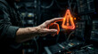 © Photo Buddy - A hand touching glowing red cyber security warning hologram in server room