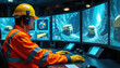 © Viktor - Mining control room operator monitors haul trucks on screens. Person uses computers and headset in modern mine operations center. Digital tech manages heavy equipment.