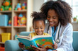 © Viktor - Smiling doctor reads colorful book to young child. Pediatrician and toddler interact happily in bright medical office. Child enjoys story time during visit to clinic.