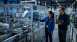 © Pratondo - Industry engineers operating automated machinery and monitoring robotic arms via control panel in modern manufacturing plant.