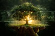 © R - The emergence of life in the grasp of a nurturing hand. Digital control. The subtle balance of hand and tree in a sunlit green haven. High-tech graphics. Ai visuals.