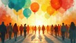 © Maryna - Group of people walk together under bright sky with colorful balloons. They move towards bright sun during festival or celebration. Scene shows unity hope and joy.