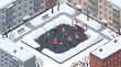 © Velvet - Isometric illustration of children playing soccer in a snowy city yard