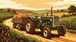 © Joko - Vintage farm tractor and trailer vector on a rural road at sunset