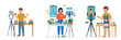 © youland - A young merchant talking to a smartphone on a tripod, selling products via live stream, flat design, simple minimalist, no outline, modern bright colors, plain white background.
