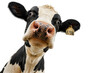 © MJ iceberg - Funny close-up portrait of a curious dairy cow looking directly into the camera with a wide-angle perspective. Isolated on a clean white background, featuring an ear tag, expressive eyes, and playful