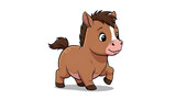 Adorable brown foal illustration in a playful 2D animation style, cute young pony character strolls happily on a clean blank backdrop, charming domestic animal vector artwork for children.